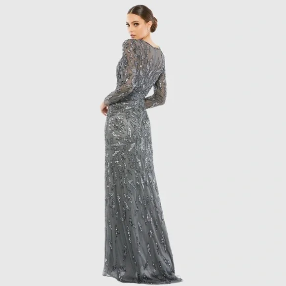 Mac Duggal - Dark Gray Beaded Long Sleeve Evening Gown - Picture 2 of 8